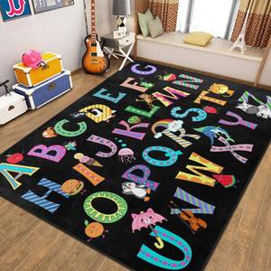 lot 15159 image: ABC Alphabet Rug, Classroom Playmat Rugs - 5x7 Ft Kids Carpet with Rubber Backing, Colorful Cartoon Letters Kids Play Mat Nursery Rugs for Toddlers Children Bedroom Playroom - Black - Retail $85