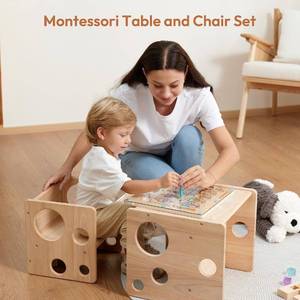lot 15160 image: Woodtoe Kids Table and Chair Set, Montessori Weaning Table and Chair Set for Toddler, Natural Solid Wooden Activity Table Cube Chair for Drawing Reading, Montessori Playroom Furniture for Children - Retail $70