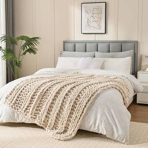 lot 15162 image: Esterra Chunky Knit Blanket Throw, 100% Handmade Chenille Throw Blanket 50x60, Soft Thick Yarn Cable Knit Crochet Throw Blanket Rope Knot Throw for Couch Bed Sofa, Apricot White - Retail $60