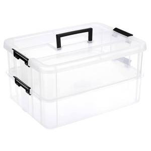 lot 15164 image: JUXYES 2-Tiers Stack Carry Storage Box With Handle, Transparent Stackable Storage Bin With Handle Lid Latching Storage Container for School & Office Supplies - Retail $24
