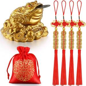 lot 16346 image: Chuangdi Feng Shui Money Frog with Chinese Coins Lucky Knots Red Blessing Bag Gold Three Legged Toad Decoration for Attracting Wealth Success Chinese New Year Gifts - Retail $13