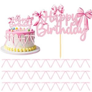 lot 16361 image: FCKLVMC Pink Bow Cake Topper with 30 Bow Cake Decorations, Happy Birthday Coquette Cake Topper Decorating - Retail $8