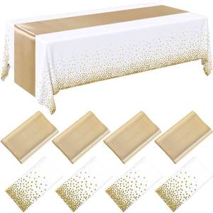 lot 16370 image: Breling 8 Pack White and Gold Disposable Plastic Tablecloths and Satin Table Runner Set, 54 x 108 Inch Tablecloth, 12 x 108 Inch Table Runners for Wedding First Communion Baby Shower Graduation - Retail $18