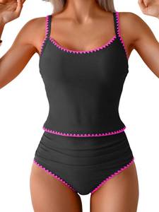 lot 16383 image: Eomenie Tankini Swimsuit for Women Tummy Control Ruched Two Piece Bathing Suits High Waisted Shell Stitch Swimwear M - Retail $39