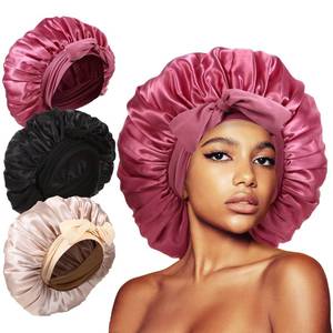 lot 16385 image: 3Pcs Bonnets for Sleeping, Extra Satin Silk Bonnet for Sleeping Women with Tie Band for Curly Hair Jumbo Bonnet Braids - Retail $10