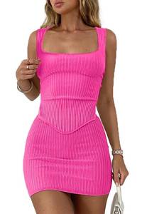 lot 16388 image: CHYRII Womens Sexy Summer Two Piece Outfits Square Neck Going Out Crop Tops Bodycon Skirt Sets Mini Dress Hot Pink L - Retail $40