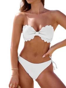 lot 16390 image: Rajputana Womens Wavy Edge Bandeau Bikini Strapless Tie Back Side String Bathing Suits Two Piece Swimsuit White M - Retail $4,683