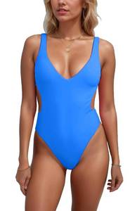 lot 16391 image: geluboao Blue Swimsuits for Women One Piece Cheeky High Cut Thong Bathing Suit Sexy V Neck Cutout Push Up Monokini Swimsuit L - Retail $27