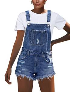 lot 16392 image: luvamia Womens Ripped Short Overalls Adjustable Stretchy Denim Overall Shorts Romper A-Light Blue Size Medium - Retail $37