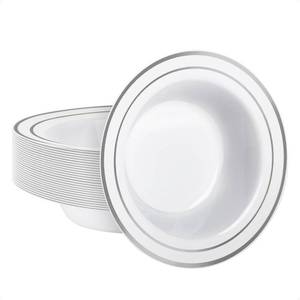 lot 16412 image: Goodluck 25 Pack Plastic Bowls with Silver Rim, 12oz Disposable Soup Bowls for Weddings, Parties, Dinners, Catering, and Everyday Use - Retail $13