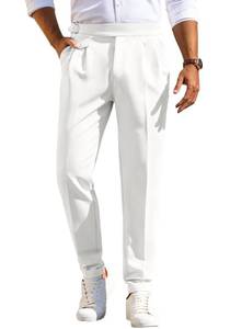 lot 16421 image: Runcati Mens Classic Fit Dress Pants Pleated Elastic Waist Work Pants Skinny Stretch Business Suit Pants White Size 38&nbsp