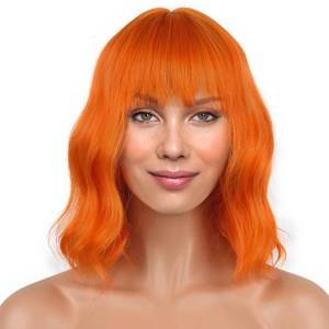 lot 16424 image: LANICE Short Bob Wigs with Bangs for Women Loose Wavy Hair Shoulder Length Orange Wigs Synthetic Colorful Wigs for Cosplay Daily PartyUse(Orange,12inch) - Retail $20