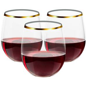 lot 1983 image: FOCUSLINE 32 Pack 12 OZ Plastic Wine Glasses, Stemless Disposable Wine Cups, Gold Rim Unbreakable Wine Glasses, Reusable Shatterproof Recyclable and BPA-Free Plastic Wine Cups - Retail $29