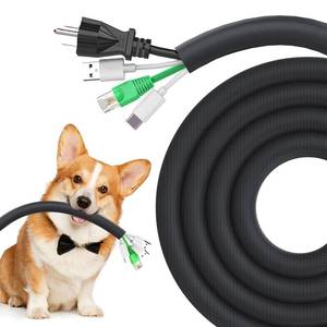 lot 2259 image: UOMTFAI Dog Cat Cord Protector 10ft - 12inch, Flexible Cable Sleeve for Easy Cord Management, Protects Cables from Pets Chewing, Ideal for USB, Power, Audio and Video Cords - Black - Retail $9