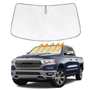 lot 2260 image: MEJELAKI Windshield Sun Shade Custom Fit Compatible with 2019-2025 Dodge RAM 1500 Update Foldable Window Sunshade Auto Heat Shield Sun Visor Protector Blocks UV Rays Keep Your Car Cooler - Retail $19