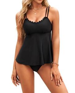 lot 2264 image: Milin Naco Tankini Swimsuits for Women Tummy Control 2 Piece Swimsuit Scallop Trim Tankini Top with Bottom Bathing Suits 2025 Black M - Retail $15