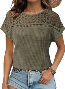 lot 2269 image: Dokotoo Womens Spring Tops for Women 2025 Trendy Dressy Casual Boat Neck Waffle Knit Short Sleeve Shirts for Women Summer Solid Color Tunic Top Tee T Shirt for Work Moss Black M - Retail $15