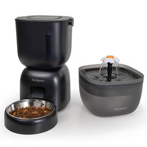 lot 11633 image: Automatic Cat Feeder and Water Dispenser FW1, Wire or Battery Cat Food Dispenser Timer Pet Feeder - Locking Lid, Desiccant Bag, Programmable Portion Control, 4 Daily Meals, 10s Voice Recorder - Retail $50