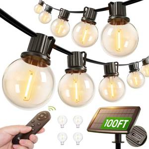 lot 11641 image: addlon 100FT Solar String Lights Outdoor with Remote, 54 LED Shatterproof Bulbs, Dimmable & Timable, 3 Light Modes, G40 Waterproof Solar String Lights for Outside Backyard Party Decor - Retail $67