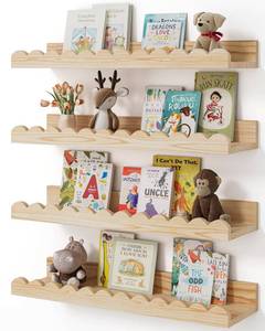 lot 11644 image: Nursery Book Shelves, 4-Pack Wood Floating Shelves for Wall Kids, Scalloped Shelves, Wall Book Shelves for Bedroom Kids, Toddler Room, Baby Room, Nursery Decor(Wood, 16.5 Inches) - Retail $38