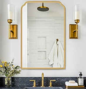lot 1943 image: 24X36 Inch Gold Mirror for Bathroom, Modern Rounded Corner Rectangle Mirror with Non-Rusting Iron Metal Framed Bathroom Vanity Mirror for Over Sink Wall Decor(Tempered Glass)- Retail-$98