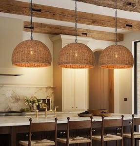 lot 1966 image: 1 Light Rustic Rattan Pendant Light Kitchen, Farmhouse Seagrass Dining Chandelier, 15.74W Wicker Ceiling Hanging Fixture