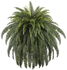lot 1990 image: 70 Ferns Artificial Giant Bush Plants, Faux Boston Ferns with 92 Fronds for Outdoors Home Decor- Retail$70