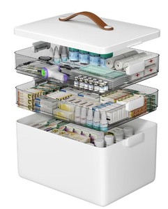 lot 5602 image: CTIME 3-Tier Medicine Organizer - Portable Medicine Cabinet with Leather Handle, Empty First Aid Kit for Home- Retail$40