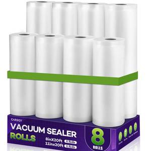 lot 6205 image: CAREGY Food Vacuum Sealer Rolls Bags 8 Pack 4 Rolls 8ftft x 20ft and 4 Rolls 11ftftx 20ft Commercial Grade BPA Free Bag Rolls Embossed Food Saver Bags for Meal Prep,Sous Vide Cooking and Food Storage - Retail $21