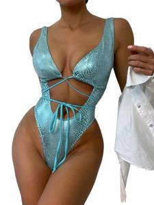 lot 6208 image: UCadego Womenfts Metallic Snakeskin One Piece Swimsuits Rave Outfit Bathing Suits Blue M - Retail $30