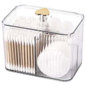lot 6209 image: Tbestmax Qtip Holder Dispenser 3-Section Clear Bathroom Organizer Jar 3 Grids Cotton SwabPadBall Holder Container Cosmetics Storage for Vanity - Retail $10