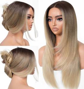 lot 6224 image: BrownBomb Ombre Blonde Wear and Go Glueless Wigs Pre Plucked Pre Cut for Beginners Synthetic Lace Front Wigs With Bangs Blonde Long Layered Straight Wigs 26 Inch 3 Seconds to Wear for Beginners - Retail $44