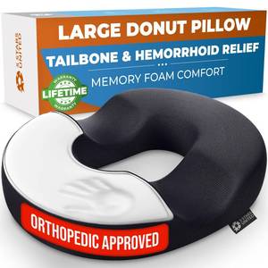 lot 6232 image: 5 STARS UNITED Donut Pillow Hemorrhoid Tailbone Cushion � Large Cushion for Pain Relief � Coccyx, Prostate, Sciatica, Pelvic Floor, Pressure Sores, Pregnancy, Postpartum Recovery, Black - Retail $35