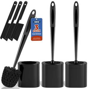 lot 6282 image: Toilet Brush, 3 Pack Toilet Brush and Holder Set Bathroom Accessories, Toilet Bowl Brush and Holder with 3 Crevice Brush for Bathroom, Toilet Scrubber Brush (Black) - Retail $16