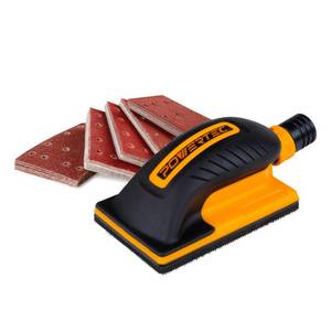 lot 6284 image: POWERTEC Vacuum Sanding Block w 1 OD Dust Collection Port and Hook and Loop Sandpaper (40, 80, 120, 180, 240 Grit 10 Each) for Woodworking, Dust-Free Sanding Tool for Auto Body, Paint, Drywall (71514) - Retail $29in