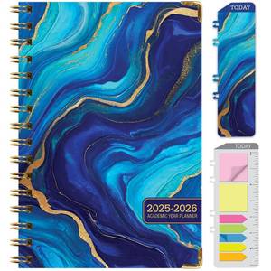 lot 6293 image: HARDCOVER Academic Year 2025-2026 Planner (June 2025 Through July 2026) 5.5x8in Daily Weekly Monthly Planner Yearly Agenda. Bookmark, Pocket Folder and Sticky Note Set (Dark Blue Marble) - Retail $20in