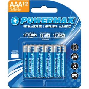 lot 6308 image: Powermax 12-Count Triple AAA Batteries, Ultra Long Lasting Alkaline Battery Blister Pack for Home and Office, 10-Year Shelf Life - Retail $6