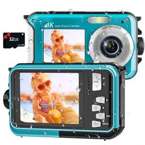 lot 6315 image: 4K Underwater Camera 11FT Waterproof Camera with 32GB Card 56MP Autofocus Dual-Screen Selfie Underwater Camera for Snorkeling Waterproof Compact Floatable Digital Camera 1250mAh Battery Type-C (Blue) - Retail $80