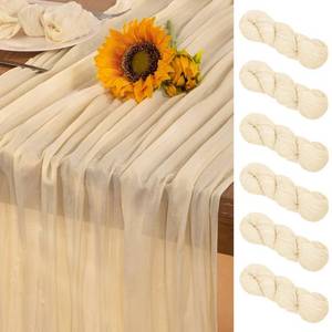 lot 6327 image: DeZerlor Beige Cheesecloth Table Runner 6 Pack Fall Table Runners 120 Inches Boho Gauze Cream Cheese Cloth Fall Table Decorations for Thanksgiving Wedding Bridal Baby Shower Garden Party Decor - Retail $27