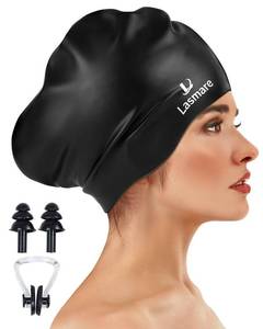 lot 6335 image: Large Long Hair Swim Cap with Extra Room for Women Men, Silicone Swimming Cap for Long Thick Hair with Ear Plugs Nose Clip Set, Adult Waterproof Swim Hats Bathing Caps to Keep Hair Dry(Black) - Retail $20