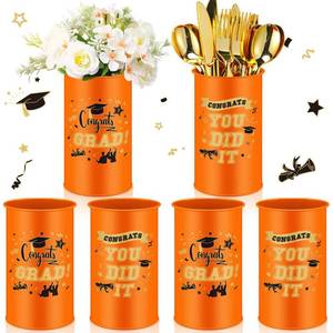 lot 9289 image: Domensi 6 Pcs 2025 Graduation Table Centerpiece Vase Decorations Class of 2025 Galvanized Metal Tin Vases for Artificial Flowers Grad Caps Cutlery Utensil Holder for Party Supplies Gifts(Orange) - Retail $21