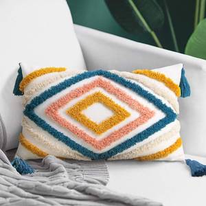 lot 10462 image: JASEN Colorful Boho Throw Pillow Covers 12x20, Diamond Pattern Lumbar Pillow Covers with Tassel Woven Tufted Decorative Pillow Cover for Couch Sofa Bedroom Living Room - Retail $17