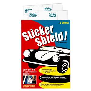 lot 10471 image: STICKER SHIELD - Windshield Sticker Applicator for Easy Application, Removal and Re-Application from Car to Car - 4 inch x 6 inch Sheets (Pack of 2 Sheets) - Retail $9