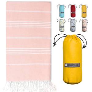 lot 10486 image: BAY LAUREL Turkish Beach Towel with Travel Bag 39 x 71 Quick Dry Sand Free Lightweight Large Oversized Towels Light (Powder with Yellow Bag) - Retail $16