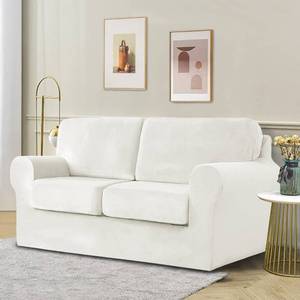 lot 11743 image: XSlive 5 Pieces Velvet High Stretch Sofa Covers for 2 Cushion Couch Sofa Slipcovers, Washable Furniture Protector with Drawstring Anti Slip Bottom, Soft and Plush Fabric for Kids and Pet (White) - Retail $75