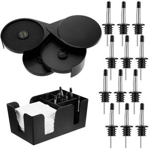 lot 11752 image: Mifoci 3 Tier Bar Glass Rimmer Bartender Tool Salt Rimmer for Cocktails Margarita 12 Pcs Stainless Steel Classic Bottle Pourers and Bar Caddy Set with 6 Compartments for Bartender Accessories Party - Retail $25