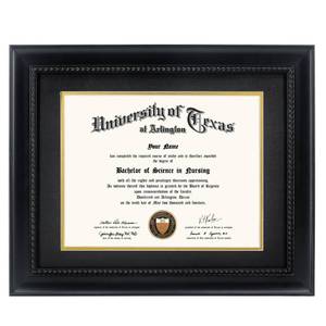 lot 11762 image: GMFrames 8.5x11 Diploma Degree Frame with Mat or Display 11x14 Certificates without Mat,Solid Wood,Black Finish with Intricate Black Rope Detail,UV Protection Acrylic - Retail $30