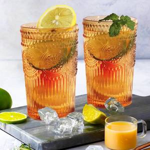 lot 11765 image: Loivttvv 5pcs Vintage Drinking Glasses Set, 12 oz Amber Highball Glasses, Embossed Ribbed Glassware Cups for Thanksgiving Cocktail, Juice, Whiskey - Retail $24