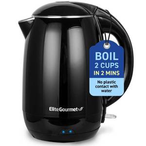 lot 11769 image: Elite Gourmet EKT1821 1.8L Double Wall Insulated, Cool-Touch 1500W Kettle wStainless Steel Interior and Lid, 360° Swivel Base for Cord Free Serving, Power On Lever, Auto Shut-Off, Boil Dry, Black - Retail $18