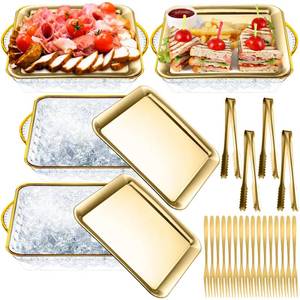 lot 11771 image: Baderke 4 Set 9 Chilled Serving Tray for Parties with Compartments Ice Chilled Party Platter Charcuterie Serving Board Cold Dish Dip with Forks Tongs for Fruit Seafood Vegetable Appetizer (Gold) - Retail $36in